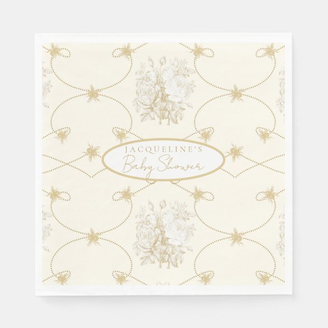 French Floral Elegant Bee Ivory Gold Personalised Napkin (Front)