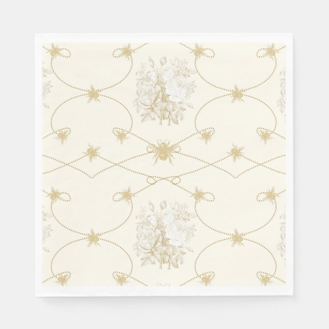 French Floral Elegant Bee Ivory Gold Shower Decor Napkin (Front)