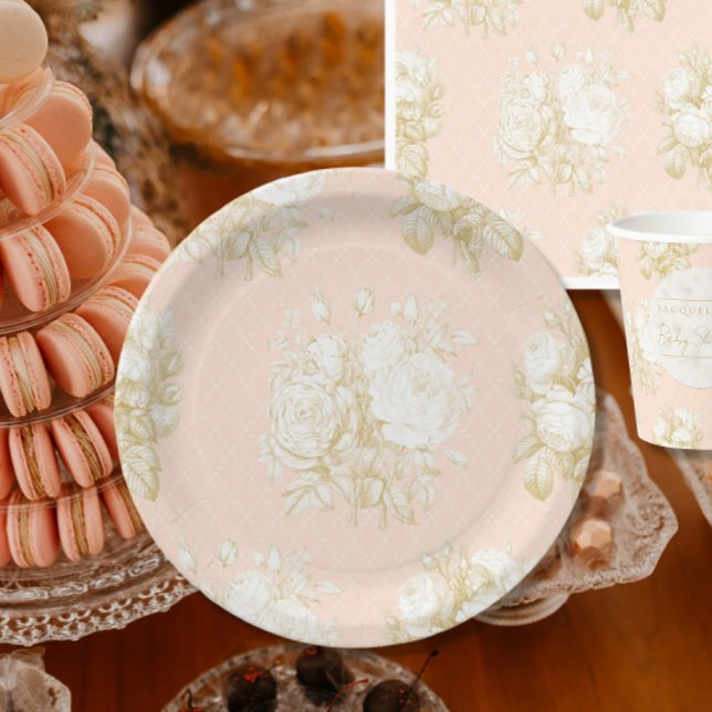 French Floral Elegant Toile Pink Gold Shower Decor Paper Plate (Creator Uploaded)