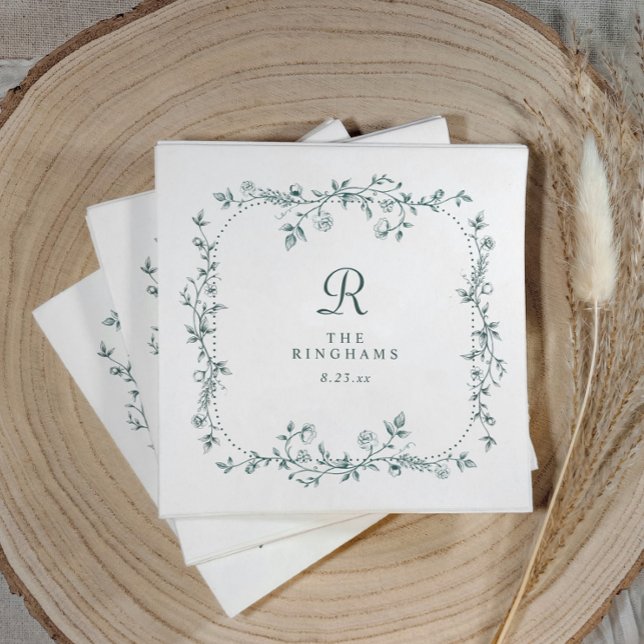 French Floral Emerald Green Monogram Wedding Napkin (Personalized emerald green napkin with vintage French floral frame design)