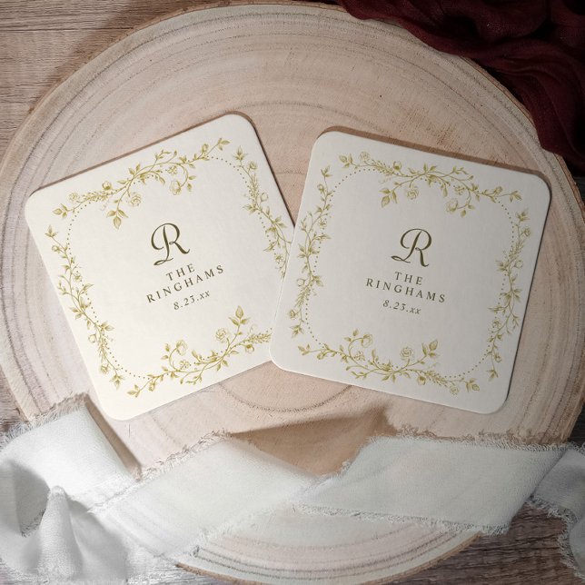 French Floral Gold & Ivory Monogram Wedding Square Paper Coaster (Gold and Ivory Wedding Paper Coaster with Monogram and Floral Frame)