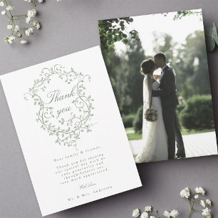 French Floral Sage Green Crest Wedding Photo Thank You Card