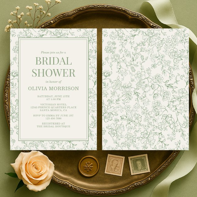 French Floral Sage Green Ivory Bridal Shower Invitation (Creator Uploaded)
