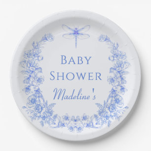 French Floral Something Blue Dragonfly Baby Shower Paper Plate