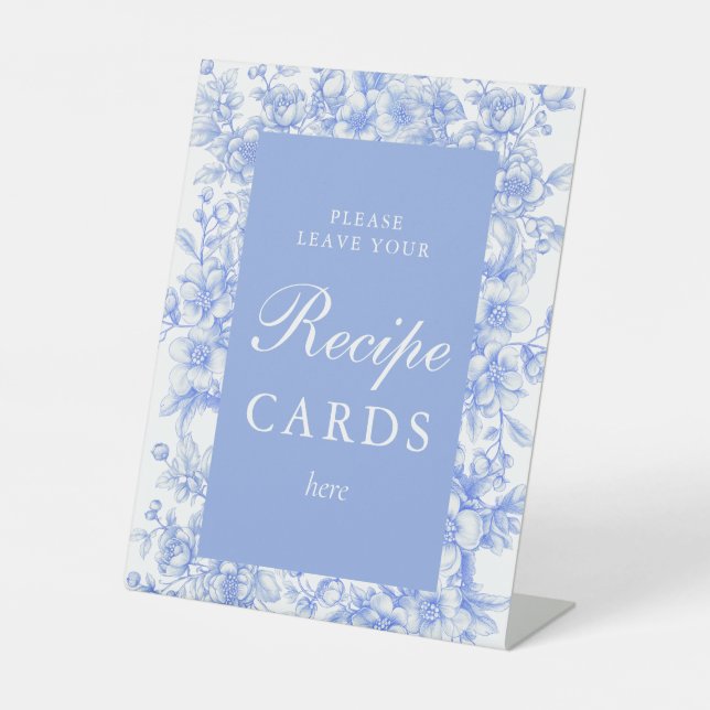 French Floral Something Blue Recipe Cards Here Pedestal Sign (Front)
