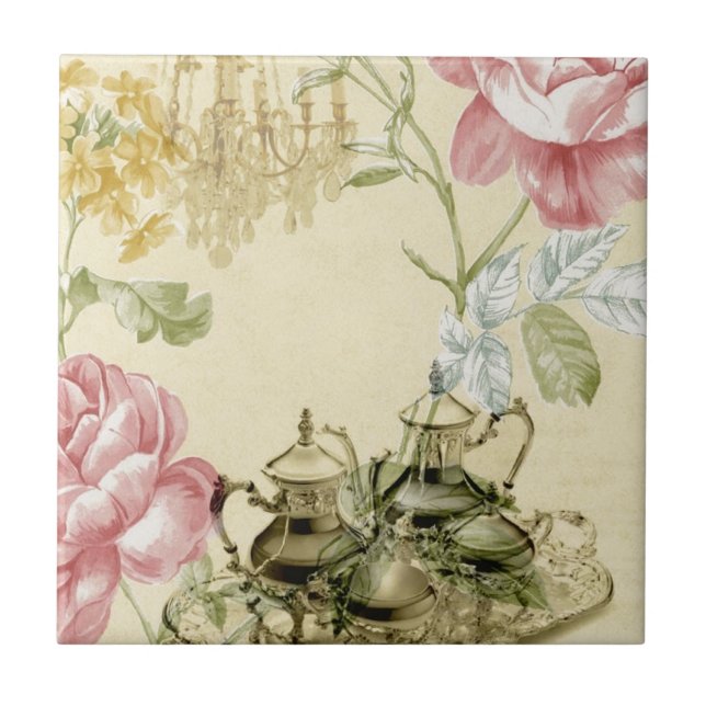 French floral Teacup Teapot Paris Tea Party Tile (Front)
