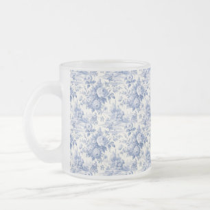 French floral toile blue frosted glass coffee mug