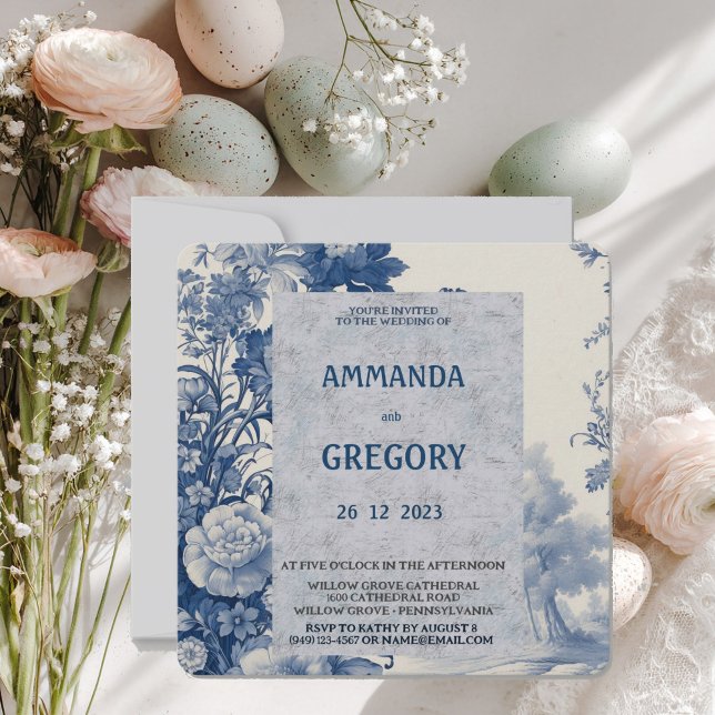 French Floral Toile Blue Invitation (Creator Uploaded)