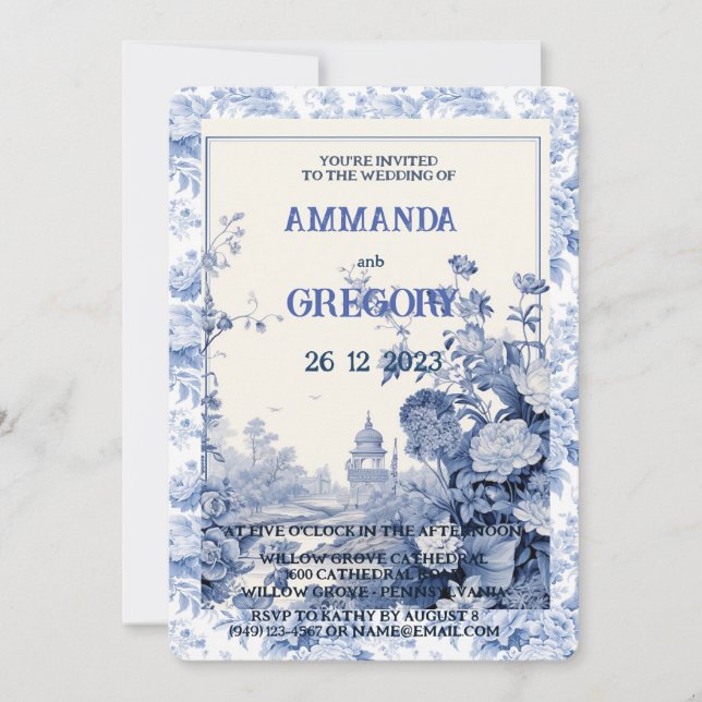 French Floral Toile Blue Invitation (Front)