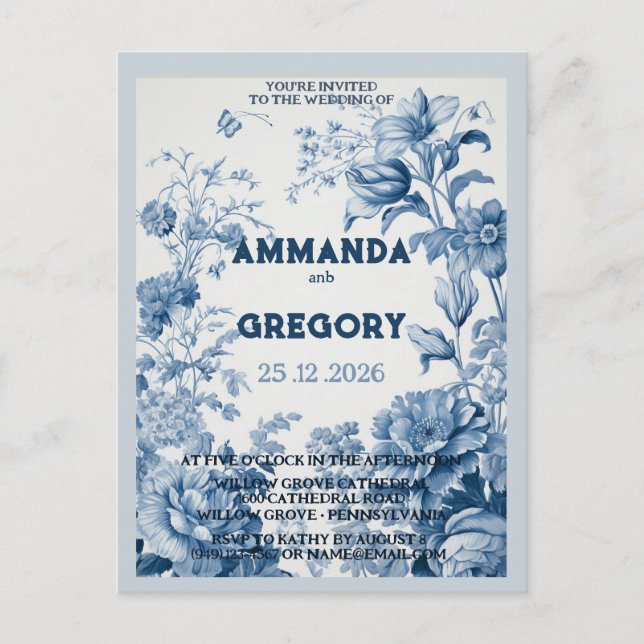 French Floral Toile Blue Invitation Postcard (Front)