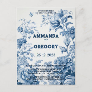 French Floral Toile Blue Invitation Postcard