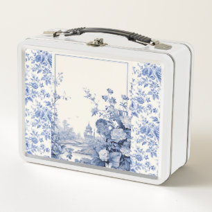 French floral toile blue metal lunch box
