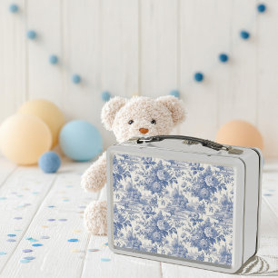 French floral toile blue metal lunch box
