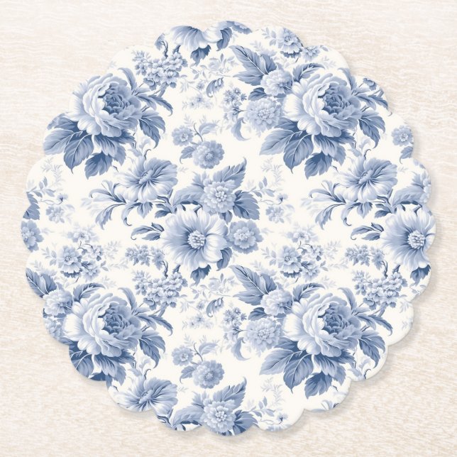 French floral toile blue paper coaster (Front)