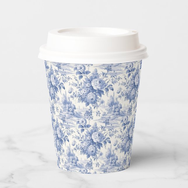 French floral toile blue paper cups (Front)