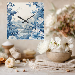 French floral toile blue square wall clock