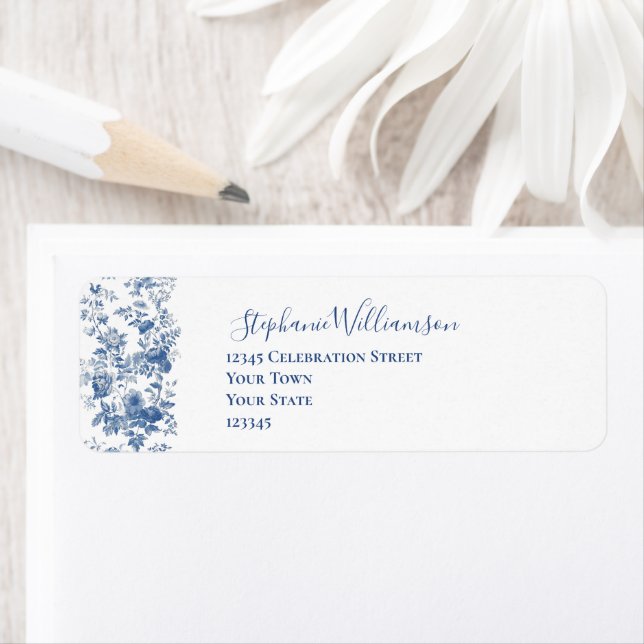  French Floral Toile Blue Wedding Return Address (Insitu)