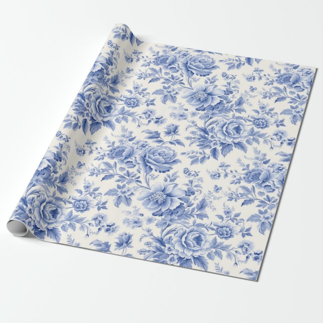 French floral toile blue wrapping paper (Unrolled)