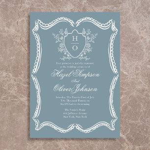 French Floral Vintage Crest Lace Blue Wedding Invitation