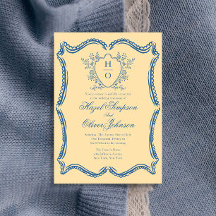 French Floral Vintage Crest Lace Yellow Wedding Invitation