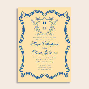 French Floral Vintage Crest Lace Yellow Wedding Invitation