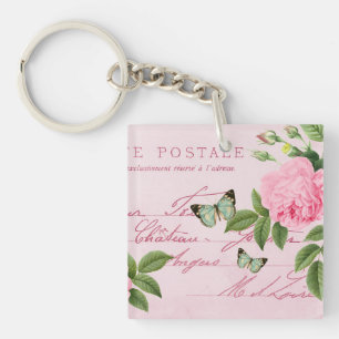 French floral vintage keychain w/ pink rose