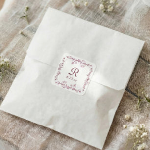 French Floral Wine Red Vintage Monogram Wedding Square Sticker