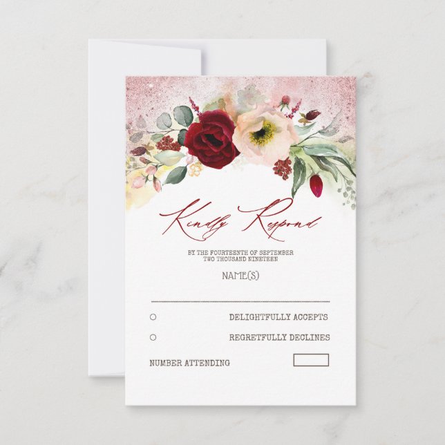 French Flowers Rose Gold Glitter Wedding RSVP Card (Front)