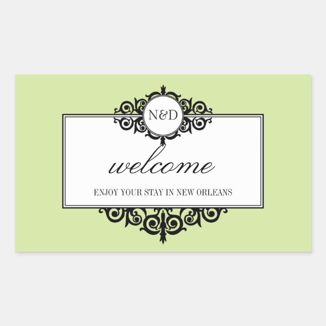 French frame green monogram out of town gift bag rectangular sticker (Front)