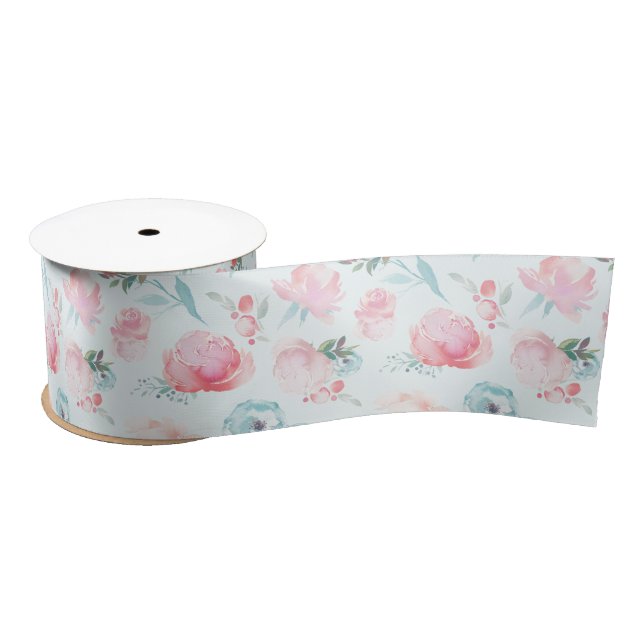 French Garden Floral Pink Peony Pattern Wedding Satin Ribbon (Spool)