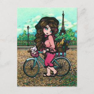 French Girl & Puppy Paris Bicycle Art Postcard