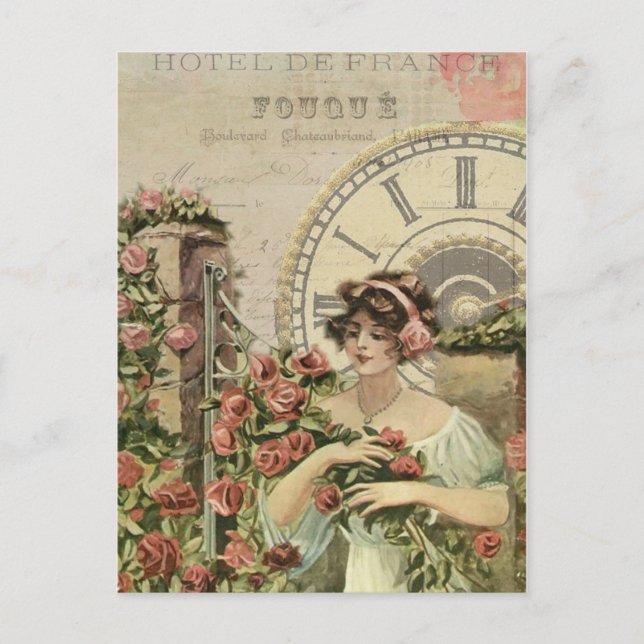 French Girl Roses Vintage Postcard (Front)