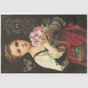 French Girl with Vintage Pink Roses and Ephemera Tissue Paper