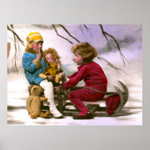French girls playing with their toys in the snow poster