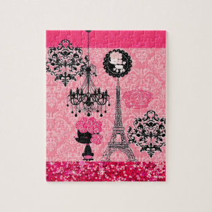 French Girly Eiffel Tower, Puppy & Damask Elegant Jigsaw Puzzle