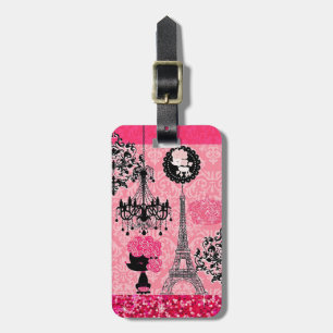 French Girly Eiffel Tower, Puppy & Damask Elegant Luggage Tag