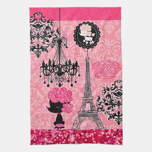 French Girly Eiffel Tower, Puppy & Damask Elegant Tea Towel (Vertical)