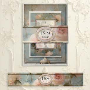 French Gold Classic Floral Blue and Pink Wedding Invitation Belly Band