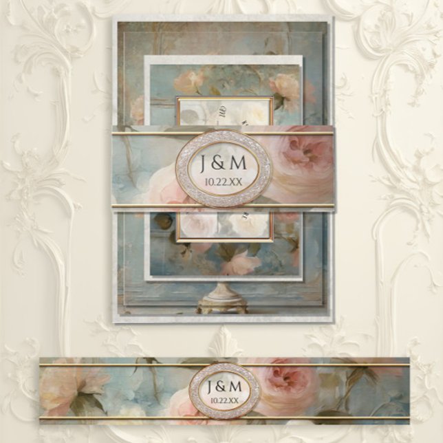 French Gold Classic Floral Blue and Pink Wedding Invitation Belly Band (Creator Uploaded)
