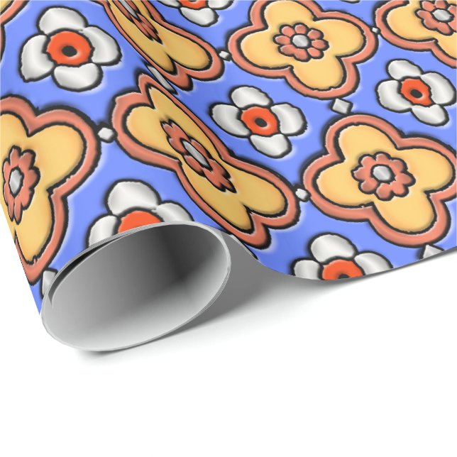 French Gothic Tile Pattern - Blue Yellow Orange Wrapping Paper (Roll Corner)