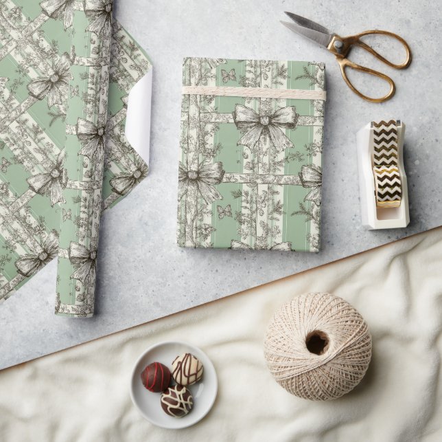 French Green Christmas Toile Bow Patterned Wrapping Paper (Crafts)