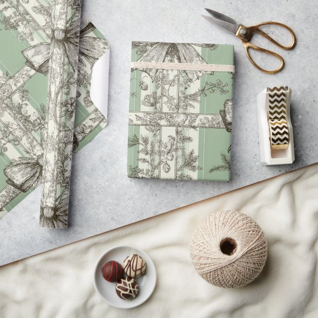 French Green Christmas Toile Bow Patterned Wrapping Paper (Crafts)