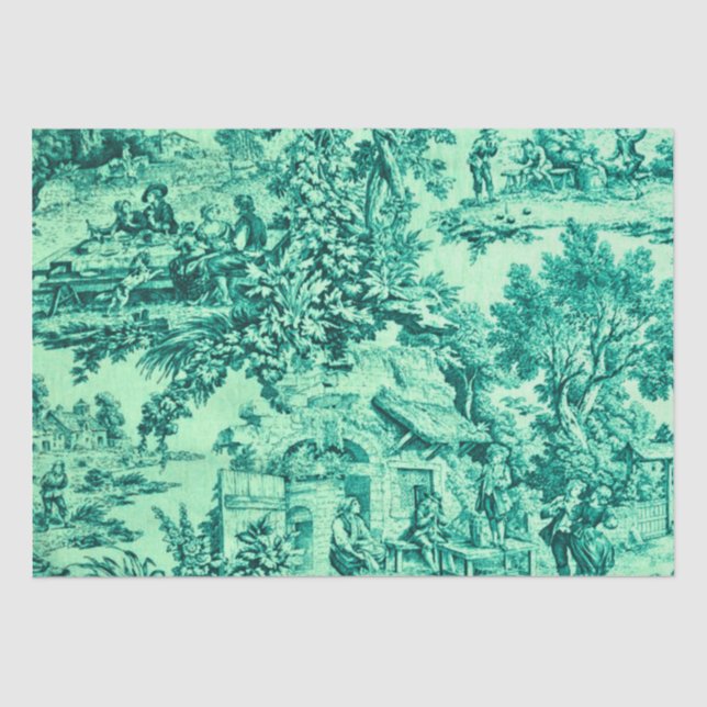 French Green Toile Rococo Rustic Style Decoupage  Tissue Paper (Front)