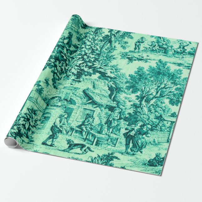 French Green Toile Rococo Rustic Style Decoupage  Wrapping Paper (Unrolled)