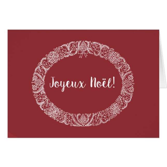 French Greeting Christmas Wreath White, Deep Red (Front Horizontal)