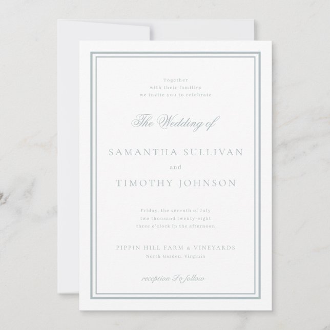 French Grey Blue Classic Border Wedding Invitation (Front)
