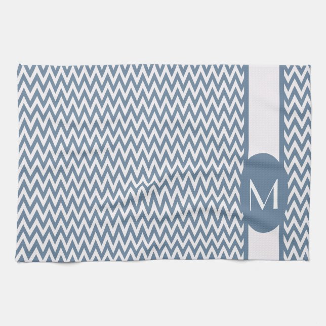 French Grey Elegant Chevron Design with monogram Tea Towel (Horizontal)