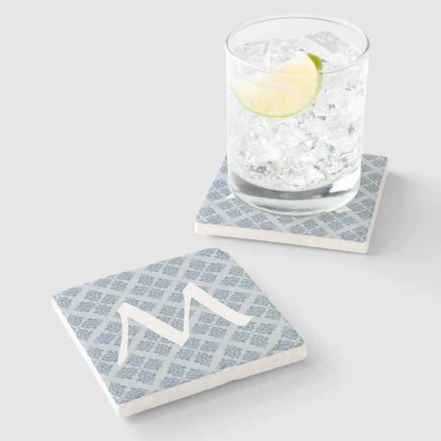 French Grey Moroccan Damask with Monogram Stone Coaster (Side)