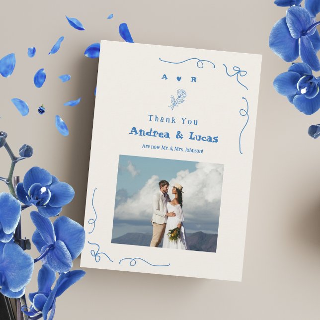 French Hand Drawn Bow Monogram Blue Photo Wedding Thank You Card (Creator Uploaded)