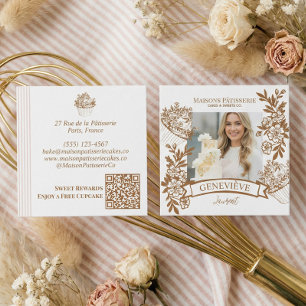 French Hand Drawn Floral Cupcake Bakery Photo Square Business Card